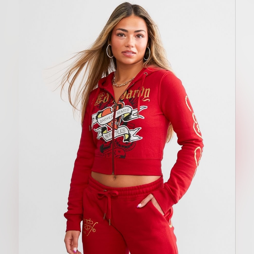 VTG Ed Hardy Red Cropped Zip Up Hoodie - Broken Hearts & Fairy Tales - XL